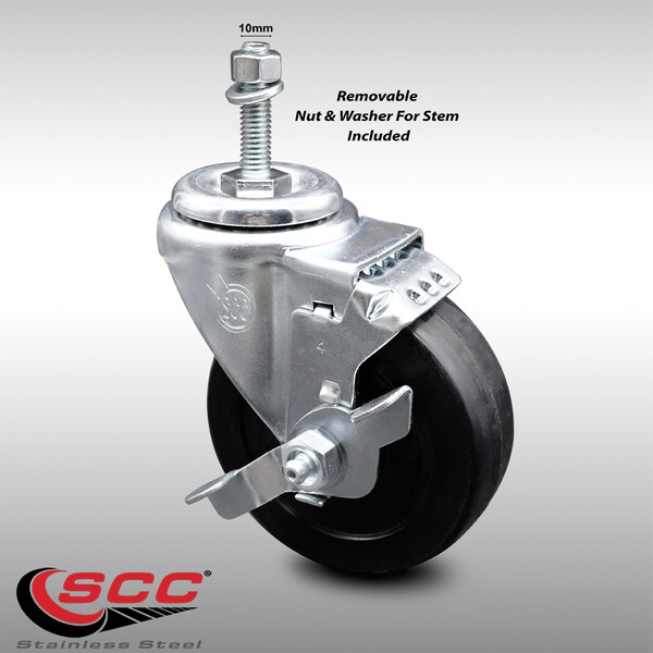 4 Inch SS Soft Rubber Wheel Swivel 10mm Threaded Stem Caster with Brake SCC